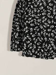 SHEIN ICON 大码女式夏季休闲度假碎花V领短袖腰部系带连衣裙 - 黑與白 - 查看 8