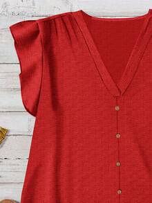 SHEIN LUNE Women's Solid Color Button Decor Ruffle Hem Casual Blouse, Suitable For Summer,Summer Top - Red - View 4