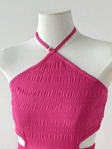 SHEIN Tween Girl Casual Spring/Summer Textured Solid Color Ruffle Back Bow Dress, Bohemian Vacation Daily Casual Outfit, Tween Girl - Hot Pink - View 6
