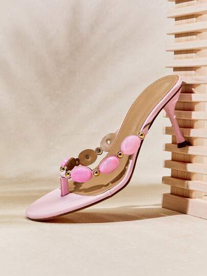 SHUZIA Dép xỏ ngón da bóng dành cho nữ, kiểu dáng stiletto, thích hợp cho buổi hẹn hò lãng mạn, màu hồng nhạt, đính hạt nhựa ngoại cỡ.