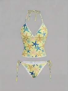 SHEIN MOD Slimming Refreshing Starfish Print Ripple Ruffle Women Swimwear Set Summer Beach Outfit Vacation Bikini Bathing Suits - Light Yellow - View 3
