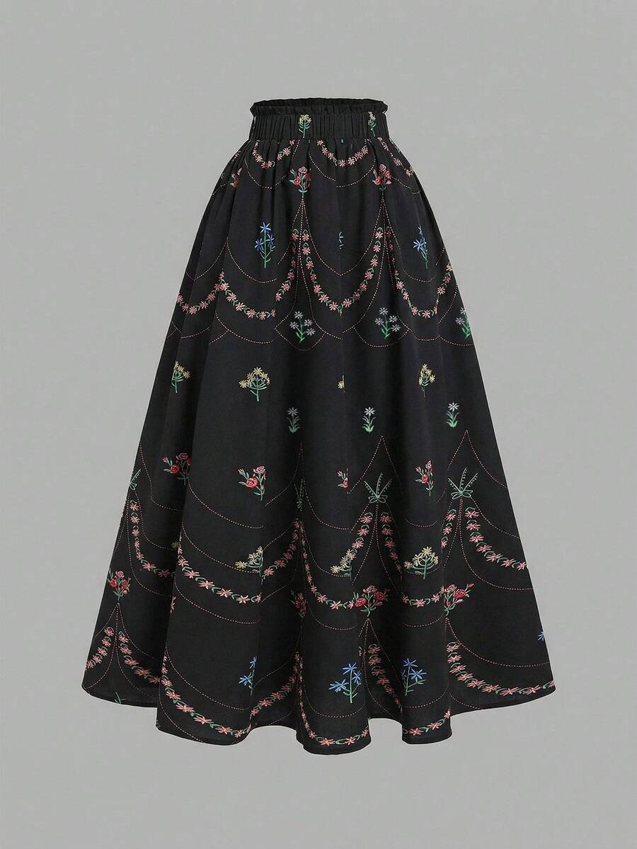 SHEIN MOD Resort Destination Print Floral Skirt, Summer Women, Concert, Romantic, Elegant, Party, Spring, Festival, Retro, Wedding Guest, Tea Party, Modesty, Floral Skirt - Black - View 1