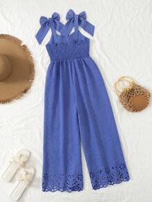 SHEIN Sparklyn Bộ áo liền quần không tay mềm mại, họa tiết hoa cho bé gái tuổi teen, kiểu dáng thường ngày, có nơ trang trí có thể tháo rời, ống quần thẳng, thích hợp cho mùa hè. - Màu xanh lam - Xem 2