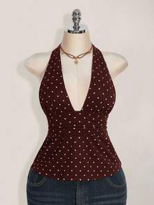 SHEIN ICON Plus Size V-Neck Cinched Waist A-Line Backless Polka Dot Camisole, Retro Y2K Halter Babydoll Top - Brown - View 4