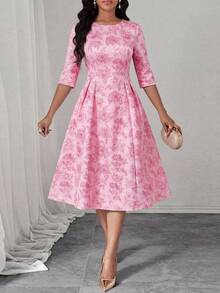 SHEIN Lady Women's Floral Print Round Neck Elegant Mid-Length Dress, Spring/Summer - Pink - View 3