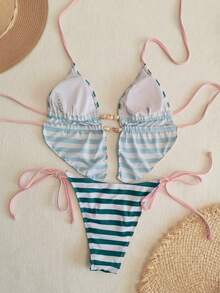 Swim Mod Bộ bikini mùa hè dành cho nữ, họa tiết hoa nhí, kẻ caro xanh dương, điểm nhấn hạt nhựa màu tương phản, gồm áo hai dây và bikini. - Nhiều màu - Xem 2