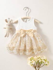 SHEIN Summer Newborn Baby Girl White Sleeveless Patchwork Bow Pink Flower Embroidered Mesh Dress - Champagne - View 2