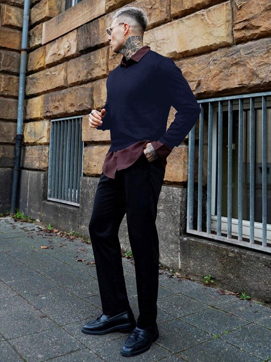 Artur Kramer Herren Lässig einfarbiger V-Ausschnitt Pullover Sweater, Navy Blau, Herbst/Winter, Langarm Oberteil - marineblau - Übersicht 1