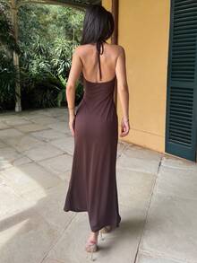AmyJordy Rochie de damă cu imprimeu halter și spate, culoare uni, tricotată - Maro - Vizualizare 2
