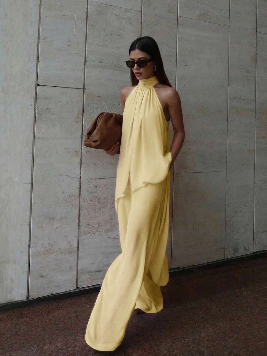 Firerie Bộ đồ nữ thanh lịch, thoải mái, màu hồng chiffon, không tay, cổ yếm, buộc dây, vạt áo lệch vai và quần ống đứng dáng rộng, mẫu mới Xuân/Hè. - Màu vàng - Xem 1