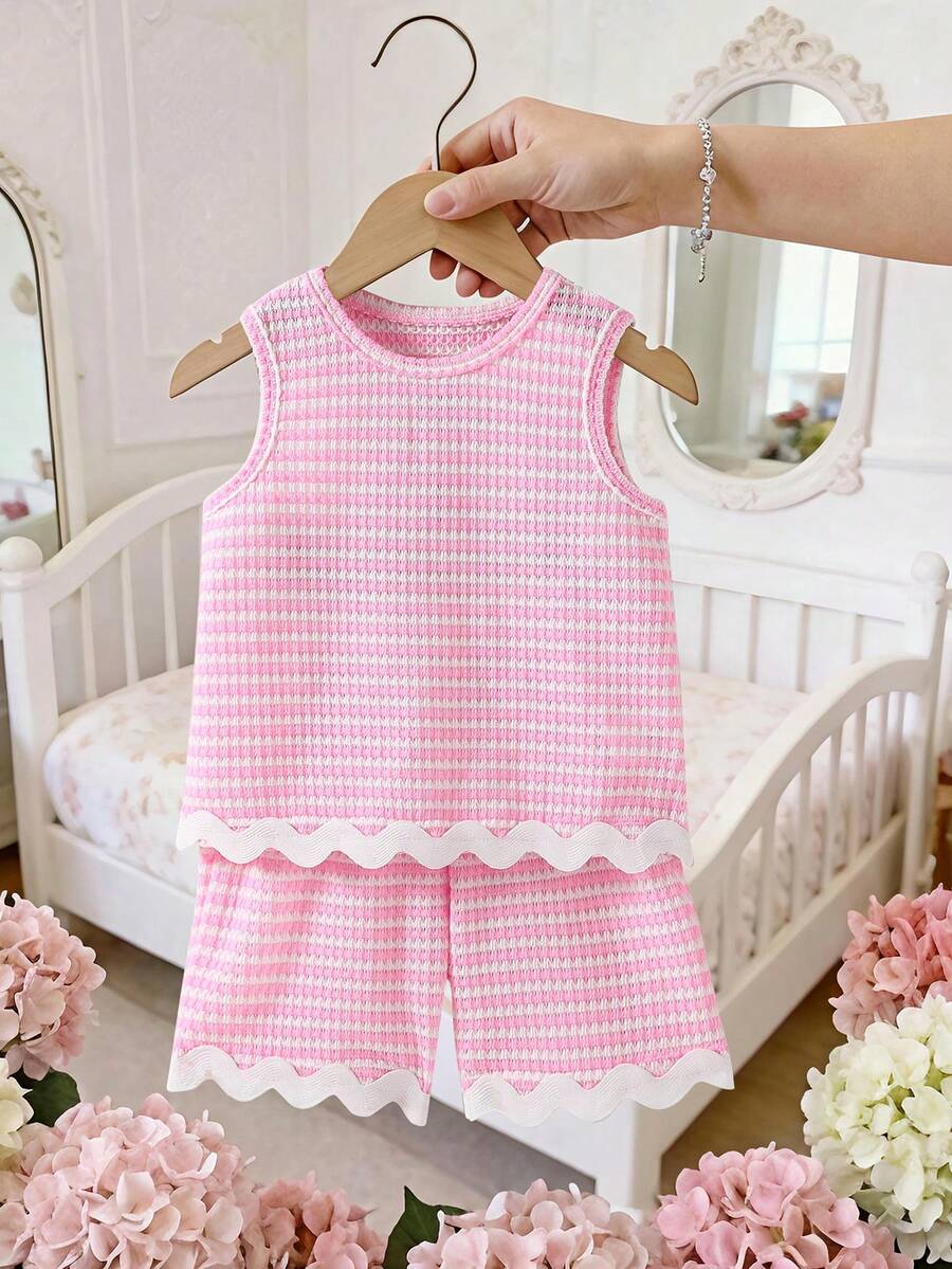 SHEIN Elladie kids 2 Stück/Set Gestreiftes Waffelpullunder Top mit Rüschensaum + Shorts mit Gummibund für Kleine Mädchen, lässiger, süßer, einfacher Outfit, geeignet für Ausflüge, Spaziergänge und verschiedene Sommergelegenheiten