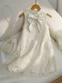 SHEIN Girls' Sleeveless Solid Color Elegant Ruffle Collar Summer Dress - White - View 6