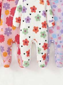 SHEIN 【随机3套，送1套】新生儿连体睡衣，彩色花卉印花，清新可爱，ins风，多巴胺色调，亲肤柔软舒适，圆领长袖，裆部按扣设计方便穿脱，适合居家、休闲、日常外出，四季皆宜。 - 彩色 - 查看 4