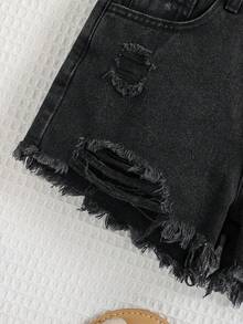 SHEIN Young Girls' Y2K Spring Summer Boho Girls Jeans Shorts ,Washed Casual Distressed Denim Shorts - Black - View 3