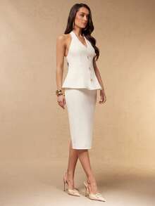 Silquee Elegant Two-Piece Set Perfect For Office Day Party Dinner Brunch Garden Party Or Daily Commute Featuring Off-White And Halter-Neck Top Summer Wedding - White - View 6