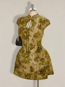 SHEIN ICON 大码女士优雅花卉植绒连衣裙，夏季 - 黑色 - 查看 3