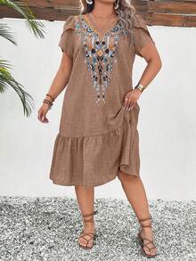 Linhara CURVE Đầm cỡ lớn chất liệu giả lanh màu trơn kiểu Bohemian thêu họa tiết tay áo tulip, thích hợp mặc đi nghỉ mát, dự lễ hội âm nhạc, đầm thường ngày cho nữ, đầm hè mới về cho nữ, đầm thường ngày - màu nâu - Xem 4