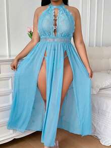 SHEIN 2 piezas Conjunto de lencería sexy inalámbrica con contraste de encaje y malla para tallas grandes - Celeste - Ver 4