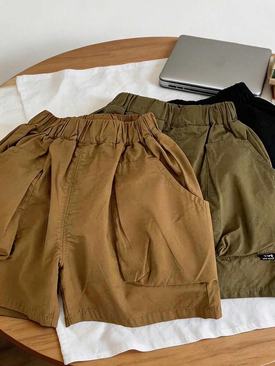 SHEIN Little Byeori 青少年男孩休閒寬鬆直筒梭織運動短褲，卡其色工裝短褲，橄欖綠夏季校園基礎下裝，Y2K夏季戶外度假兒童套裝