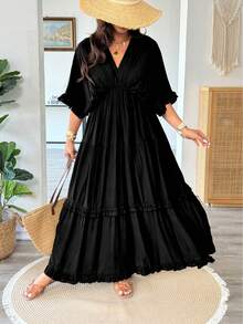 Vionelle Plus Size French Style Solid Color Boho Ruffle Trim Regular Dress, Spring/Summer Holiday Dinner Vacation Vacation Holiday Black - Black - View 3