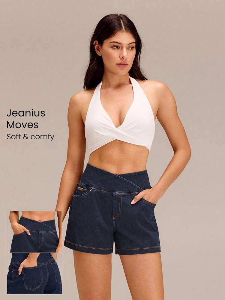 4" Luxe PimaSoft Confident Strides Breathable Denim Wash Crossover Waist Butt-Lifting Seam Shorts Daily Casual Summer Wear