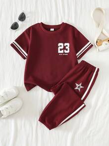 SHEIN 2pcs Young Boys' Casual Comfortable Versatile Printed T-Shirt And Pants Set - Burgundy - View 4