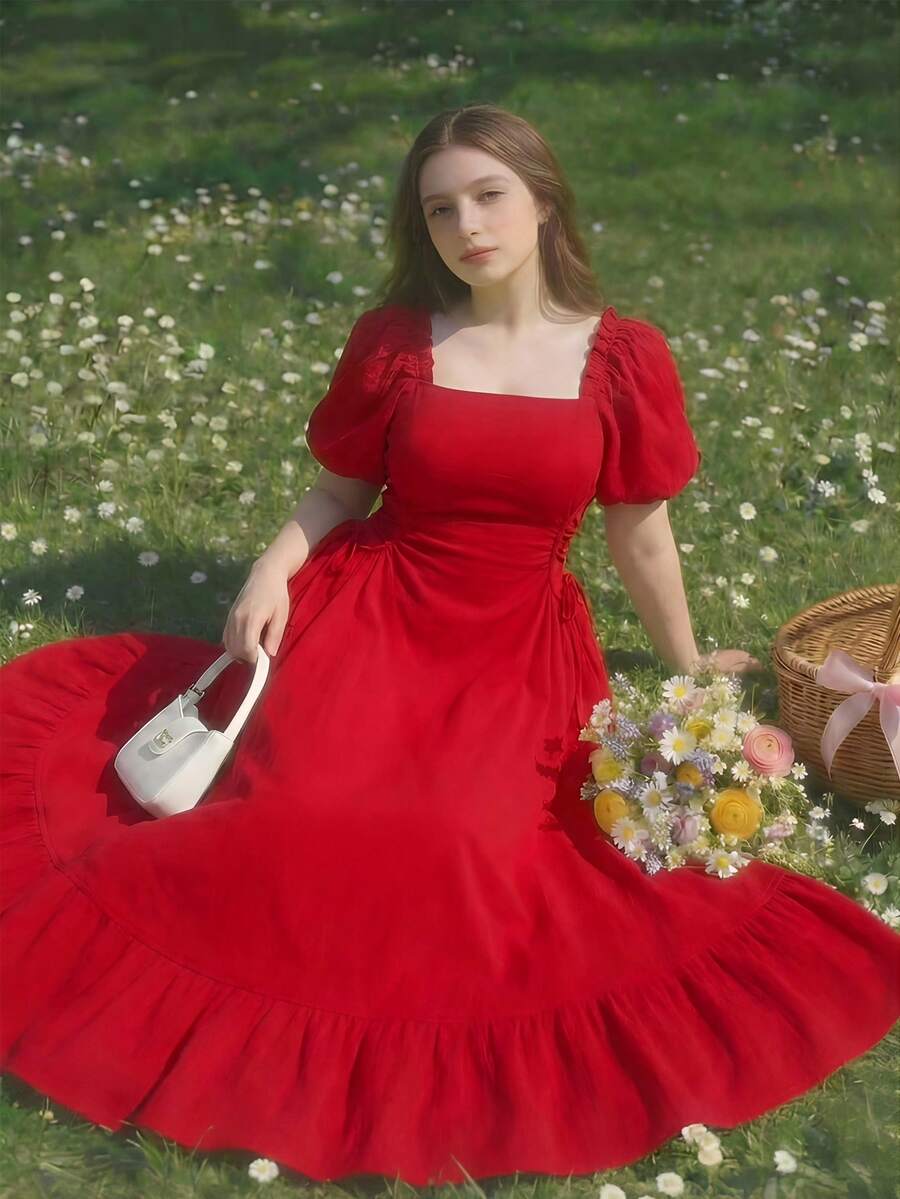 SHEIN MOD Red Side Lace-Up Puff Sleeve Plus Size Women Long Dress,Plus Size Romantic Party, Side Pleated, Slim, Elegant Long Dress. Faincore.,Birthday Dresses For Women.Fashionable Plus Size Red Square Neck Puff Sleeve Midi Dress With Ruched Sides.Summer Outfits, Valentine's Day Outfits - Red - View 1