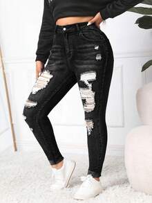 Firerie Plus Size Black Cropped Denim Jeans With Ripped Details And Zipper Closure - Black - View 5