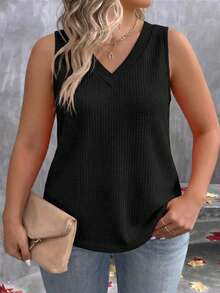 EMERY ROSE Camiseta sin mangas casual y versátil de cuello en V para mujer, talla grande, primavera/verano - Negro - Ver 3