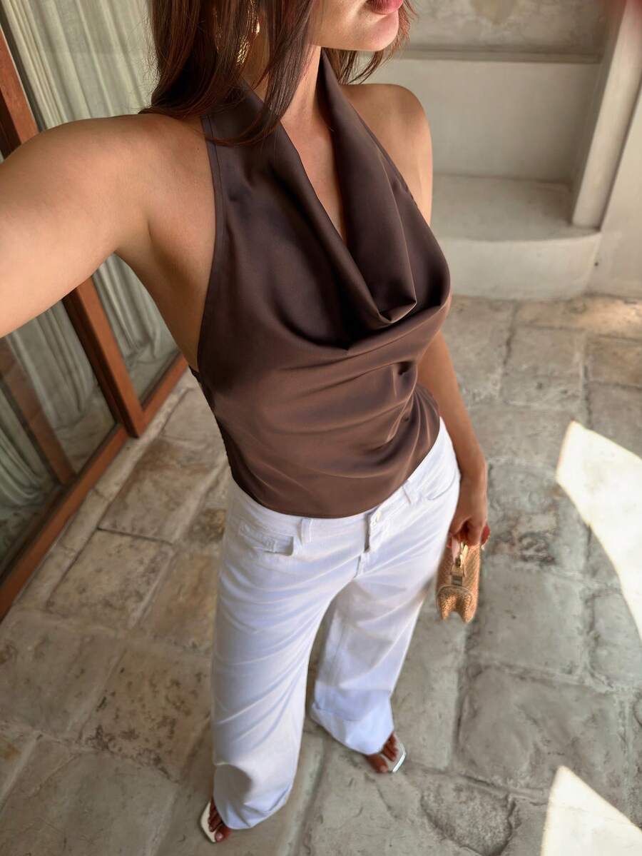 Aloruh 深棕色夏季性感時尚夜店風緞面垂領掛脖露背繫帶女上衣,Y2K 時尚休閒派對雞尾酒會節慶上衣 - 咖啡棕 - 查看 1
