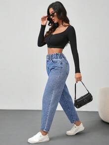 SHEIN Tall Women's Elastic Waist Skinny Jeans - Medium Wash - View 3
