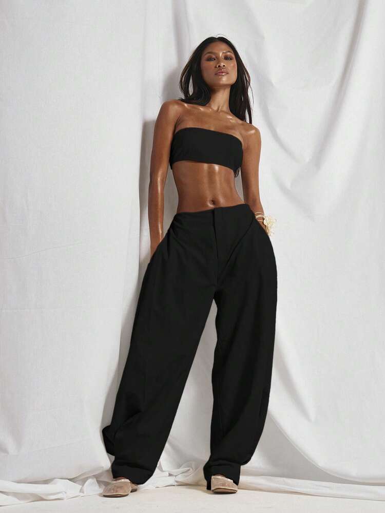 MUSERA Bandeau Shirred Top Mid Rise Pleated Panel Balloon Tapered