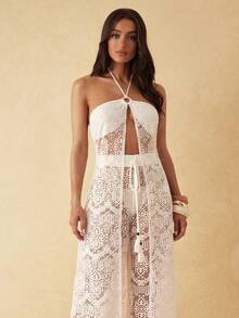 Silquee This Women's Summer Lace Long Camisole And Lace Trousers Set Features A Tassel Pendant And Sheer Design. Perfect For A Relaxed Beach Holiday Vacation Holiday, Its Elegant Boho And Understated Style Makes It An Ideal Choice For A Carefree Beach Trip. Outfit White - White - View 4