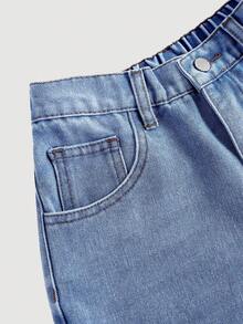 Girlism Bộ đồ thể thao cho bé gái tuổi teen: Áo thun cổ tròn tay ngắn in chữ và số, kèm quần short denim cạp cao rách có túi. - Rửa trung bình - Xem 5