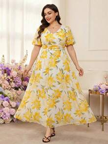 Modelyn Romantic Chiffon Floral Print Puff Sleeve A-Line Plus Size Maxi Dress, Spring/Summer - Multicolor - View 4
