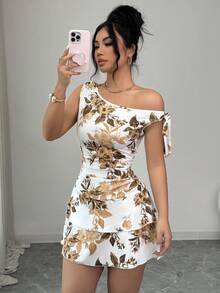 Elenzga Elegant Off-The-Shoulder Summer Dress For Women With Knitted Prints - Brown - View 3