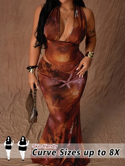 SHEIN CURVE+ Fashionable Autumn Spaghetti Strap Sexy Spaghetti Strap Camisole Paired With Bodycon Mermaid Midi Skirt 2 Pieces Set