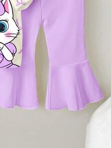 SHEIN Bộ đồ bé gái kiểu dáng thường ngày dễ thương in hình nơ và mèo hoạt hình, áo thun ngắn tay cổ tròn và quần ống loe, màu tím. - Nhiều màu - Xem 4