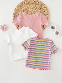 Cozy Pixies 3pcs Baby Girl Floral Print Soft Knit Crew Neck Short Sleeve Top Set - Multicolor - View 2