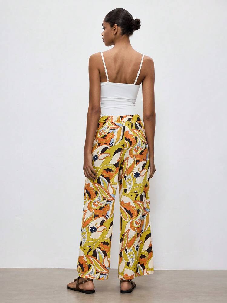 SHEIN Maija Women's All-Over Print Casual Versatile Wide Leg Pants For Daily Wear,Vacation Outfits Women