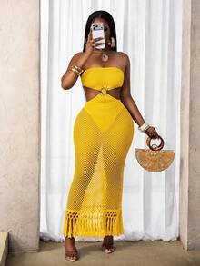 BamGleam Vestido tubo de mujer para vacaciones de verano de unicolor con parches y calado de red - Amarillo - Ver 7