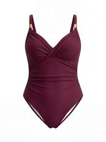 Swim Lushoire 纯色腰部交叉金属装饰优雅大码连体泳衣，适合海滩度假 - 酒紅色 - 查看 8