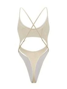 Swim SXY Bộ bikini một mảnh quây ngực màu trơn tối giản gợi cảm dành cho nữ, thích hợp cho mùa Xuân/Hè 2026. - Màu be - Xem 2