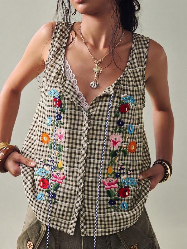 SoleilVie Pink Gingham Embroidered Blouse For Women,Sleeveless Square Neck Tassel Tie Front Floral Embroidery Black Plaid,Summer,Cottage Core,Vacation Top