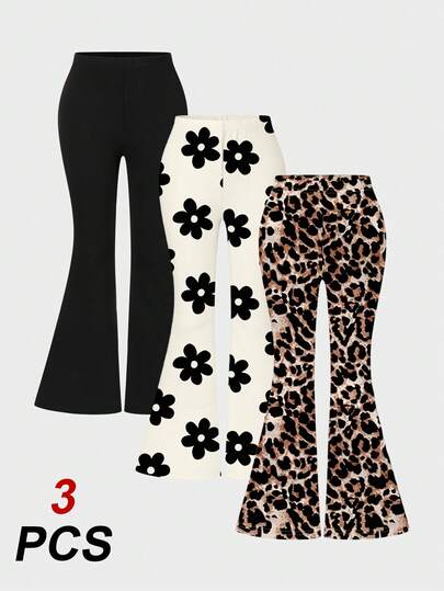 3件套女童休闲豹纹、花卉和标语印花喇叭裤，舒适日常穿着套装，适合春、夏、秋季穿着。