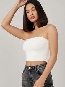 SHEIN BASICS 女款純色百褶休閒百搭日常穿搭抹胸短版平紋夏季度假白色上衣 - 白色 - 查看 4