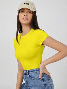SHEIN BASICS 1pc Solid Round Neck Short Sleeve Tee Bodysuit Bodysuits For Ladies Plain Bodysuit Summer Clothes - Pale Yellow - View 5