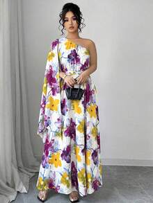 Elenzga Đầm maxi cỡ lớn không tay, dáng bất đối xứng, thắt eo, in họa tiết hoa nhuộm tie-dye, kiểu dáng thanh lịch kiểu Pháp cho kỳ nghỉ xuân/hè. - Màu Hồng Tươi - Xem 3