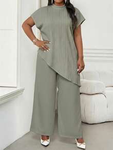 SHEIN Lady Elegant Plus Size Green Women's Cap Sleeve Crinkled Texture Asymmetric Blouse Stylish Mock Neck Top - Green - View 4