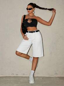 SHEIN Tall Women's Loose Casual Bermuda Denim Shorts With Pockets - White - View 4